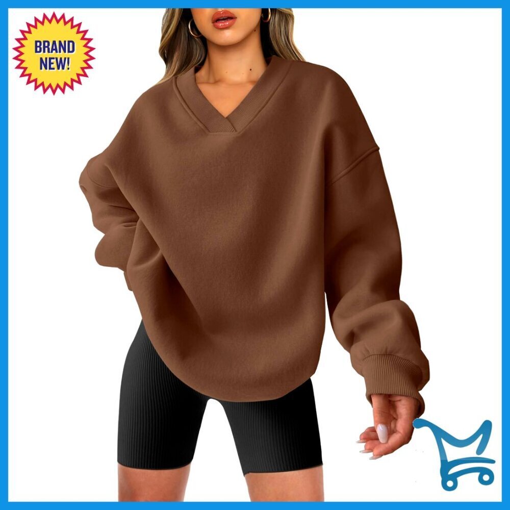 Oversized V Neck Sweatshirt Fleece Pullover Comfy Preppy Long Sleeve Hoodie